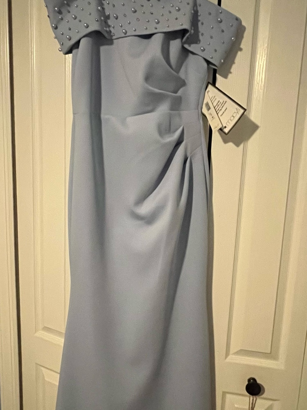 Eliza J Off-the-Shoulder Faux Pearl Embellished Gown - Light Lavender - Picture 6 of 9